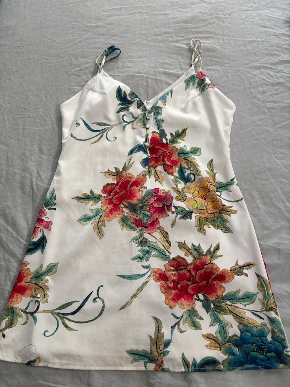by the way. White Floral Slip Dress with Red, Yellow & Green Blooms